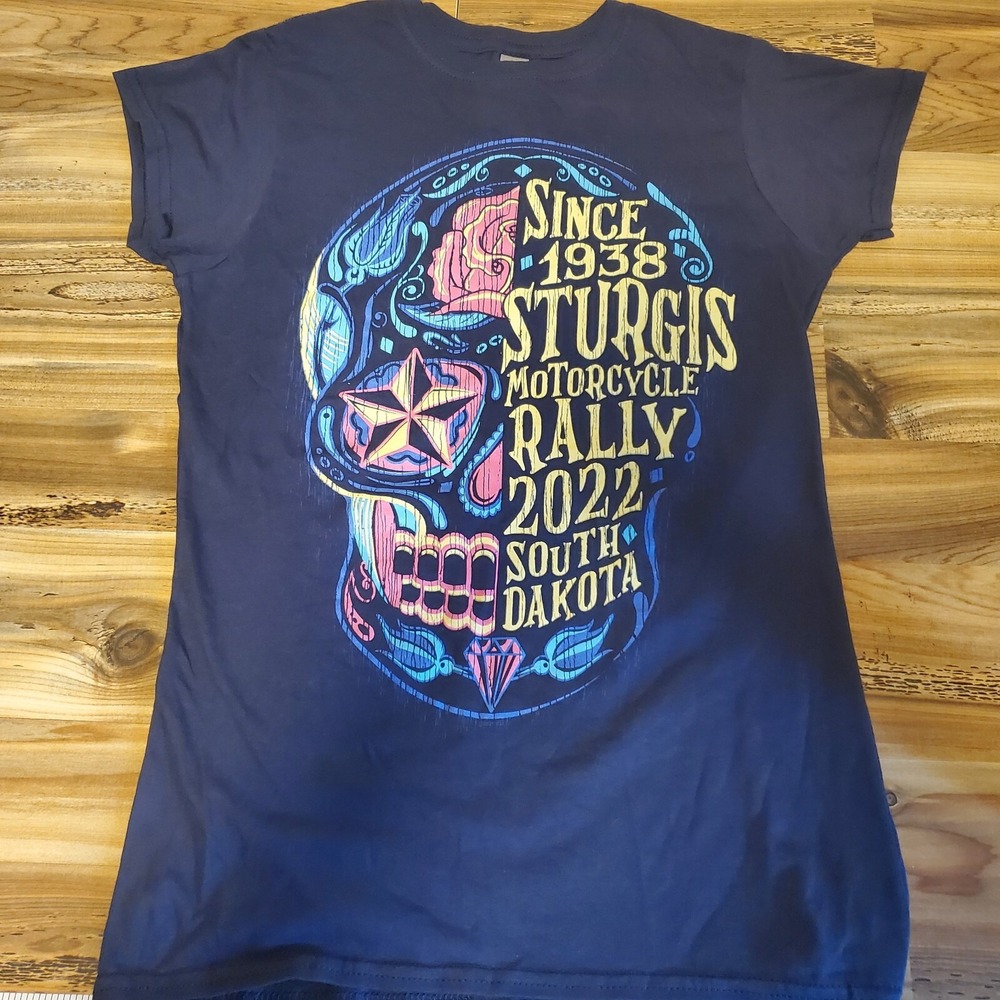 Sturgis Morotcycle Rally 2022 Sugar Skull T-Shirt Women's Medium Navy Blue